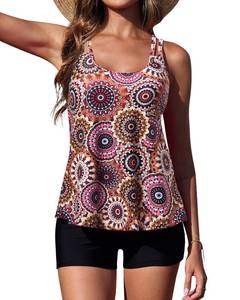 lot 5271 image: Yonique Womens Two Piece Swimsuits Tankini Top with Boy Shorts Tummy Control Bathing Suits Athletic Swimwear Mandala L - Retail $43