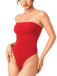 lot 5275 image: YEOREO CoreFlex Strapless Bodysuit Tube Top Off Shoulder Double Lined Thong Bodycon Slim Fit Summer Sexy Leotard Red-L - Retail $25