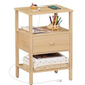 lot 5312 image: Lerliuo Nightstand with Charging Station and USB Ports, 3-Tier Storage End Table with Drawer Shelf, Night Stand for Small Spaces, Wood Bedside Table for Living Room, Bedroom - Natural Wood - Retail $48