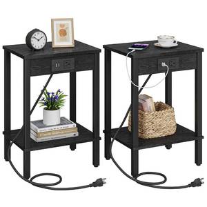lot 5330 image: VIMBER Side Table with Charging Station, Set of 2 End Tables with USB Port and Outlets, Nightstands with 2-Tier Storage Shelves, Sofa Table for Small Space, Living Room, Bedroom Black 102B2 - Retail $40