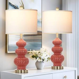 lot 5335 image: 26 Triple Gourd Ceramic Table Lamps Set of 2,Modern Orange Bedside Lamps USB AC Ports & AC Outlet -Ceramic Nightstand Lamps for Bedroom, 3 Way Touch Control Contemporary Living Room End Tables - Retail $80