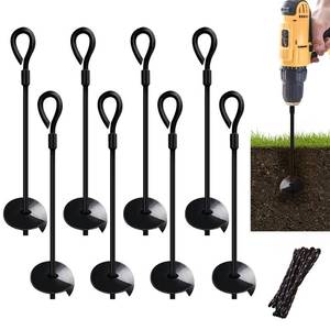 lot 5356 image: MIXXIDEA Dual-Purpose Ground Anchor 15 Inch 8 Pack Heavy Duty for High Winds Metal Ground Stakes Dog Tie Out Stake Screw Anchors Drill for Tents, Canopies, Swing Sets, Sheds, Trampoline - Retail $29