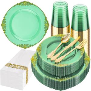 lot 5366 image: Hioasis 175pcs Clear Green Plastic Plates - Elegant Disposable Dinnerware Set Suitable for 25 Guests Include 10.25 Dinner & 7.5 Dessert Plates, Cutlery, Napkins, Cups for Party & St. Patricks Day - Retail $41