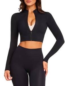 lot 5374 image: TZLDN Womens Cropped Workout Jacket Full Zip Up Long Sleeve Turtleneck Lightweight Gym Running Yoga Athletic Crop Tops Black - Medium - Retail $3,365