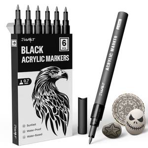 lot 5378 image: JusArt 6 Pack Black Acrylic Paint Marker, 0.7mm Fine Point Black Acrylic Markers for Rock Painting, Art Projects, Ceramic, Glass, Wood, Metal, Fabric, DIY, Ideal Paint Pen for Art Supplies - Retail $9