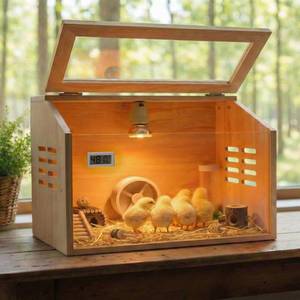 lot 5397 image: Brooder Box for Chicks Thick Wooden Chicken Brooder Box with Pre-Drilled Holes, Heating Lamp & Thermometer Included, Suitable for Chicks, Ducks, Quails, Hamsters & Small Animals 15.7 x 12 x 12 in - Retail $50