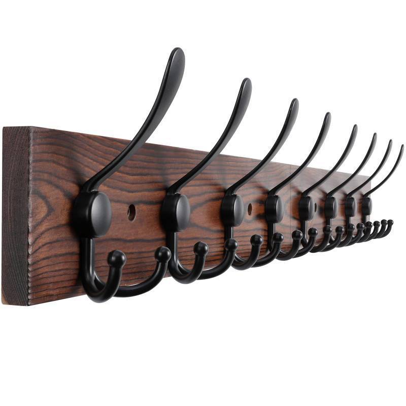 lot 3524 image: Kuhome 32.2 Large Coat Rack Wall Mount Coat Hooks Coat Hanger with 8 Metal Black Triple- Hooks Brown Pine Real Wood Plank Hat Rack for Wall Hooks for Hanging Coat Hat Jacket - Retail $25
