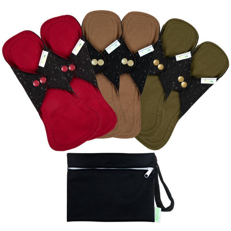 lot 3540 image: wegreeco 6 Pcs Reusable Menstrual Pads, Ultra Absorbent Cloth Pads for Heavy Flow, Sanitary for Teens, Women, Nonslip Panty Liners  Bag (Aqua, Burgundy, Coffee, M) - Retail $20