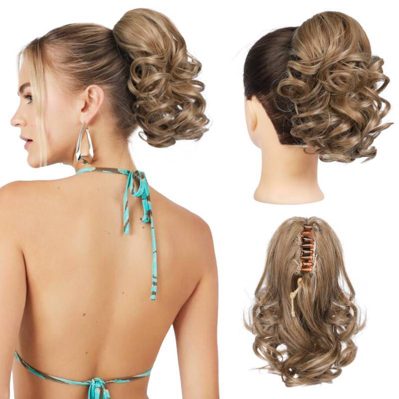 lot 3620 image: REECHO 9 Short Ponytail Extension, Classic Loose Curly Wavy Claw Clip Pony tails Hair Extensions HP001 Hairpieces for Women - Light Golden Brown&nbsp