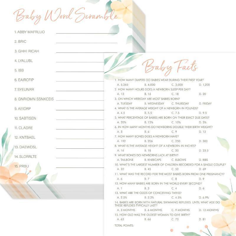 lot 3640 image: 55PCS Baby Shower Games, Word Scramble &amp Trivia Facts with Answer Keys Double-sided Game Card Fun Baby Shower Party Games Gender Neutral for Girls or Boy&nbsp