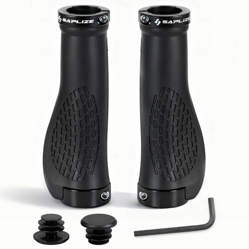 lot 3730 image: SAPLIZE Bike Grips, Ergonomic Design Bicycle Grips Widen Holding Rubber Bike Handlebar Grips with Aluminum Lock for Mountain Road MTB (Black, Black Rings)