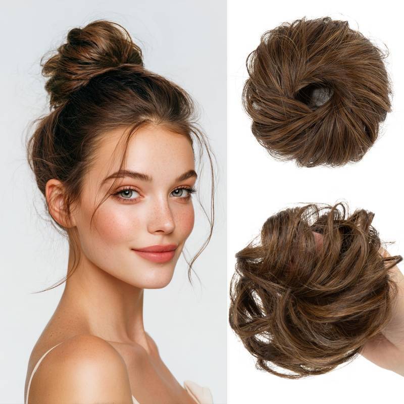 lot 3783 image: CJL HAIR 2PCs Small Cute Messy Bun Hair Piece for Thin Hair Women Mini Synthetic Curly Bun Scrunchies Updo Hairpieces Chocolate&nbsp
