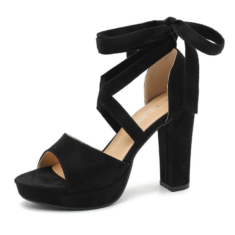 lot 3799 image: Womens Strappy Platform Sandals, Chunky High Heel with Lace-Up Ankle Tie, Open Toe, 3.94 Inch Black 46 - US 12 - Retail $43