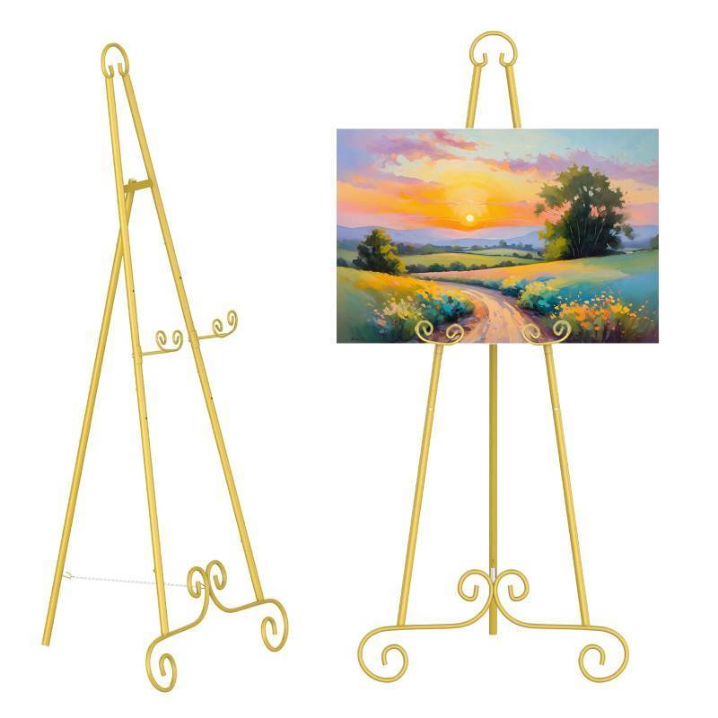 lot 4058 image: GWEUZMALL 46 H Adjustable Metal Display Easel - Vintage Gold Scroll Design, Rust-Proof Metal Stand for Showcasing Pictures, Artlork, Picture Frame and Wedding Signs - Retail $30