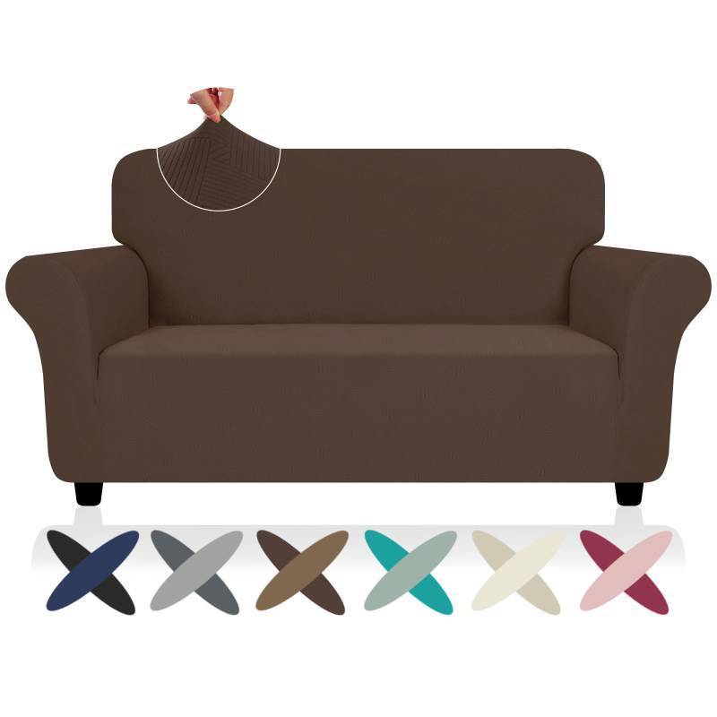 lot 4077 image: ZNSAYOTX Super Stretch Loveseat Covers (57-70), New Striped Love Seat Slipcover, Dogs Pet Friendly Anti-Slip Couch Protector Spandex Durable 2 Seater Fabric Sofa Cover (Coffee, Loveseat) - Retail $43