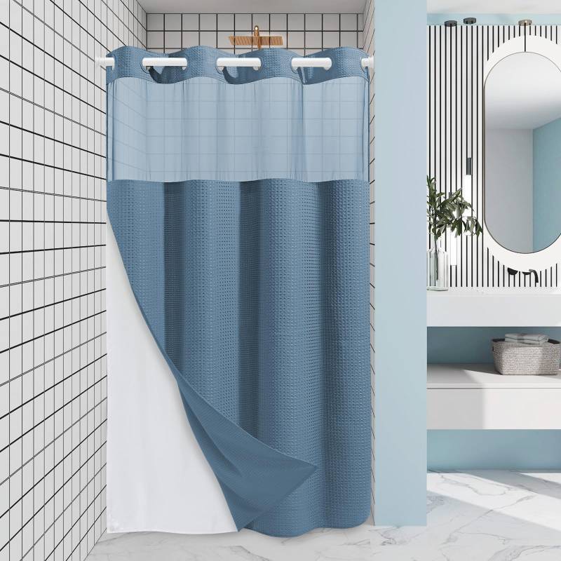 lot 4146 image: EUTXL Moonlight Blue Stall No Hook Shower Curtain with Snap in Liner,230GSM Waffle Weave Shower Curtains for Bathroom,54W x 80H - Retail $37
