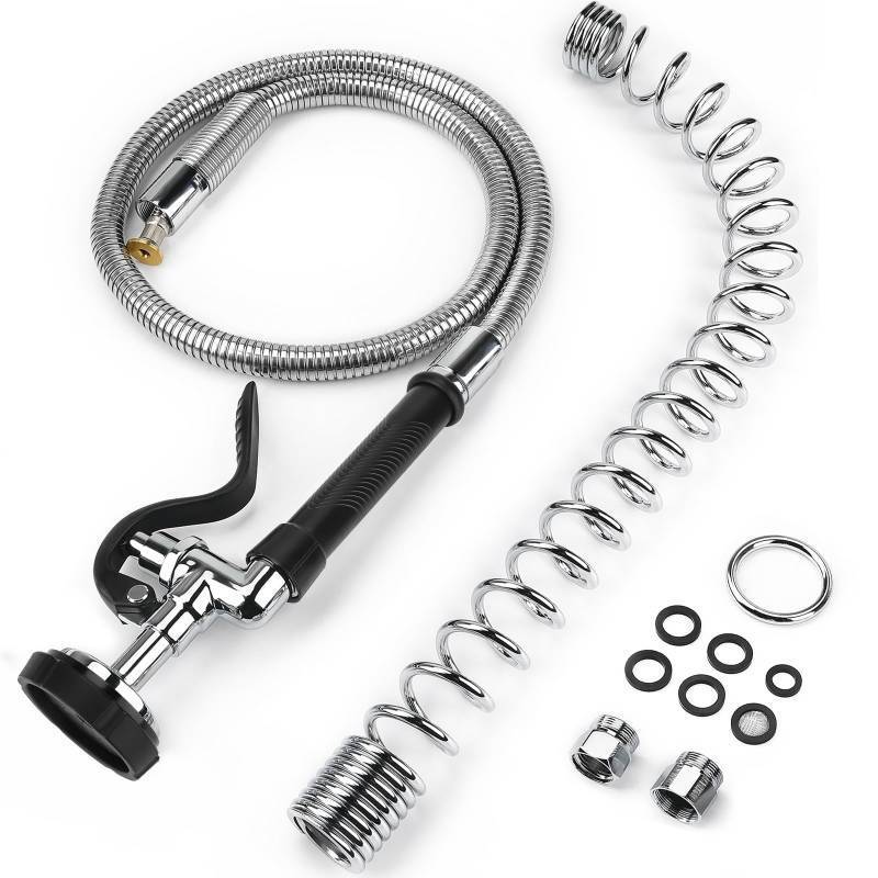 lot 4208 image: Spray Valve with 38 Flexible Stainless Steel Hose & Pre-Rinse Overhead Spring, Commercial Faucet Flexible Hose with Spray Head Replacement Kit for Commercial Restaurant Industrial Kitchen Sink Faucet - Retail $116