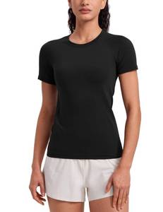 lot 5426 image: CRZ YOGA Seamless Workout Tops for Women Hip Length - Athletic Running Gym Yoga Short Sleeve Shirts Breathable Crewneck Tees Black Medium - Retail $24