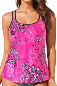 lot 5440 image: Women Swim Tankini Top Only - Tummy Control Bathing Suit Top Double Strap Swimwear Top Loose Fit 2025 Pink Floral XL - Retail $27