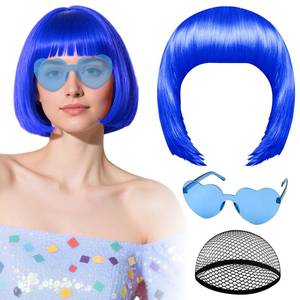 lot 5450 image: PLULON Royal Blue Bob Wig with Heart Sunglasses and Hair Cap, Colorful Short Bob Wigs Synthetic Party Wigs Funny Cosplay Hairpieces for Women Men Neon Bachelorette Halloween Costume Party Decorations - Retail $12