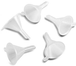 lot 5524 image: Mini Funnel 5-Pack for Lab Bottles, Sand Art, Perfume, Spice, Powder, Essential Oil, Recreational, Kitchen Food Grade Small Plastic (Clear) - Retail $5