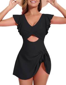 lot 5550 image: MFAVIP Women One Piece Swim Dress Tummy Control Swimsuits V Neck Ruffle Bathing Suit Cutout Wrap Side Tie Swimwear with Skirt Black medium  - Retail $29