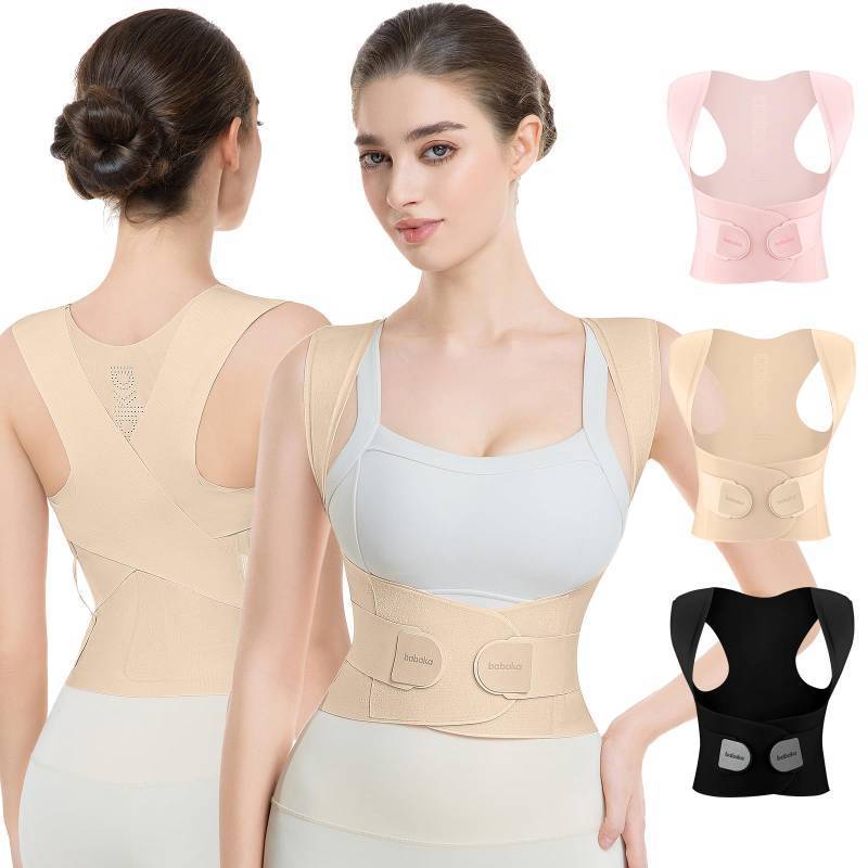 lot 4633 image: babaka Posture Corrector for Women, Invisible Lightweight Adjustable Back Brace for Upper and Lower Back Pain Relief, Hunchback, Hump, Scoliosis, Thoracic, Spine Corrector Under Clothes (Beige, Large, Waist 35-42) - Retail $40