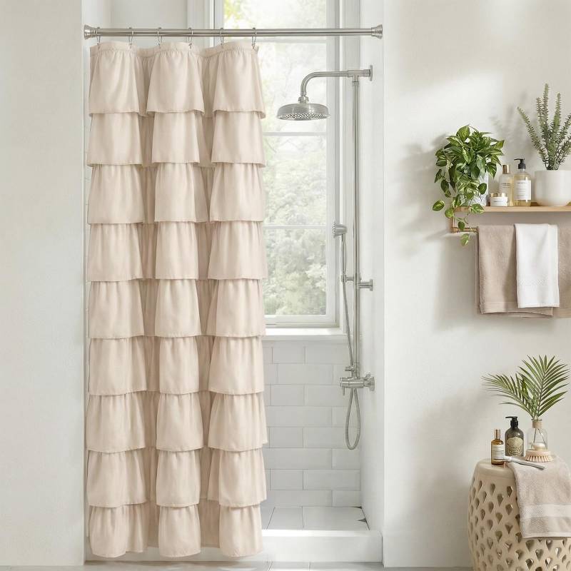 lot 4634 image: Seasonwood Small Beige Ruffle Shower Curtain Natura Farmhouse Vintage Handcrafted Rustic Decorative Fabric Shower Curtains for Bathroom, 36x72 - Retail $21