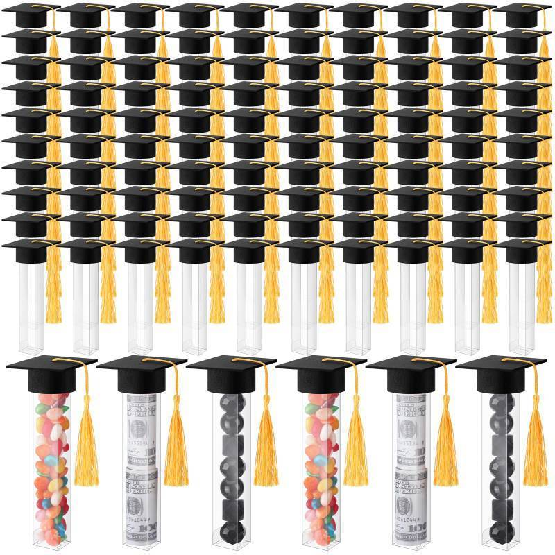 lot 4638 image: Leinuosen 100 Set Graduation Gumball Tubes Graduation Party Favors Include 100 Graduation Candy Container 100 Pcs Mini Graduation Caps with Gold Tassels Set for Grad Party Guest Supplies(Black)&nbsp