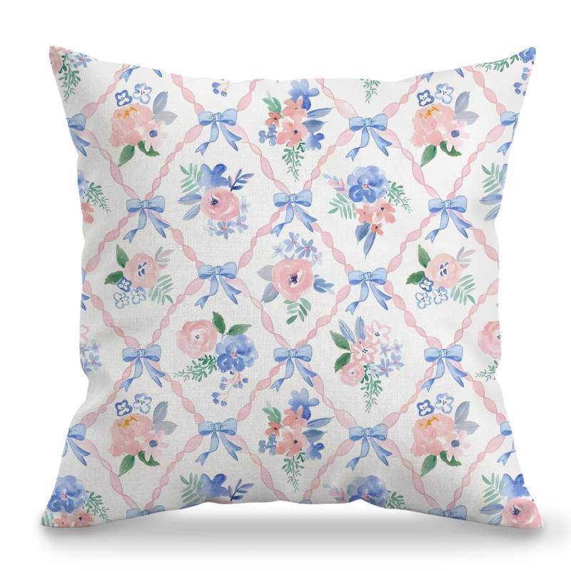 lot 4645 image: BILLAION Coquette Blue Bow Floral Pillow Cover 18x18, Preppy Room Decor, Grandmillennial Pink Ribbon Trellis Flower Decorative Throw Pillow Cover Case for Girls Bedroom Dorm Home - Retail $8