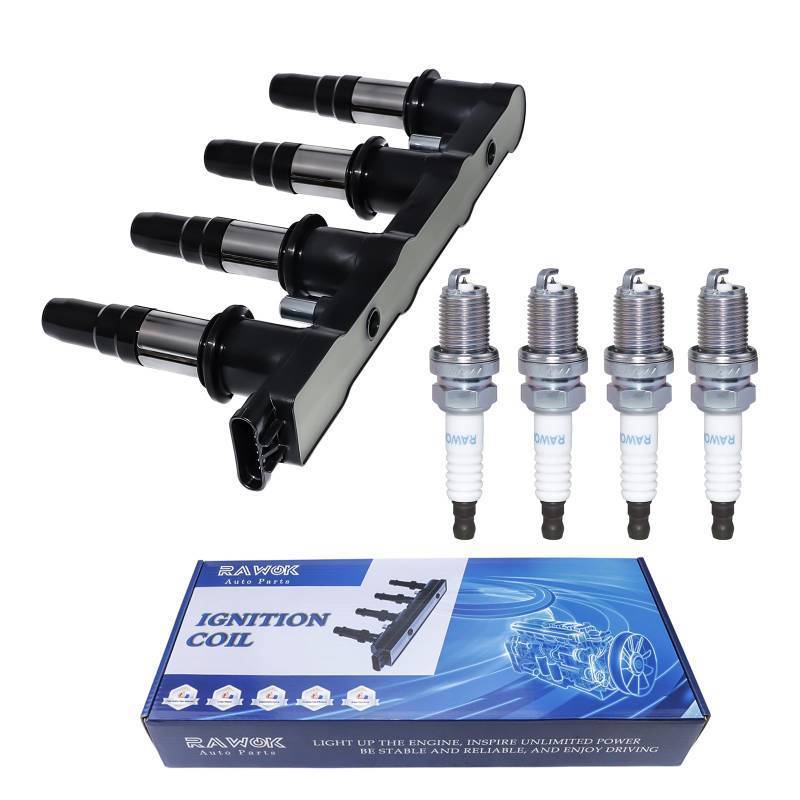 lot 4669 image: RAWOK Ignition Coil Pack and 4 Iridium Spark Plugs Compatible with 2011-2015 Chevy Cruze 1.8L, 2016 Chevrolet Cruze Limited 1.8L, 2012-2017 Chevy Sonic 1.8L, Replace UF620 9091902247 C1646 4504 7092 - Retail $68