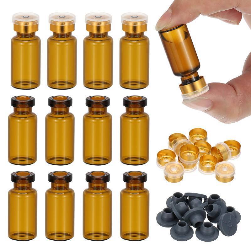 lot 4724 image: PATIKIL 12pcs 3ml Amber Borosilicate Glass Sample Vials with Aluminum Plastic Cap and Rubber Stopper for Lab Solid Liquid Powder Storage, Gold Plating - Retail $9