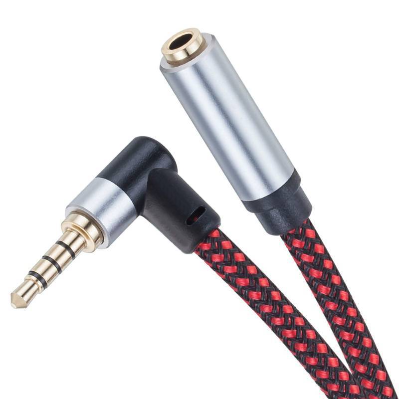 lot 4750 image: Tiierzon Audio Mic Extension Cable 6Ft,90 Degree TRRS 3.5mm Aux Headphone Extender 4-Pole Jack Plug Extension Lead Stereo Male to Female Braided Cord for Headset,Laptop,Phone,Car,PS4 and More (6Ft) - Retail $8