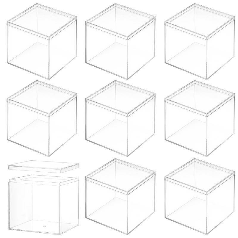 lot 5017 image: moheaaei 8 PCS Mini Clear Acrylic Box with Lid - 4x4x4 Inch Acrylic Square Box for Jewelry, Crafts, Candy, Office & Home Organization, Transparent Display Storage Containers - Retail $25