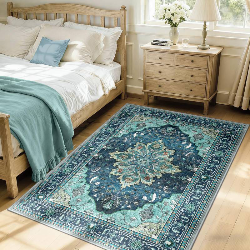 lot 5055 image: RELEANY Area Rugs 3x5 Washable Vacuum-Friendly, Non-Slip, Floral Vintage Distress Print Pattern Medallion Carpet for Living Room BedroomBrick Green Lake Blue Turquoise - Retail $47