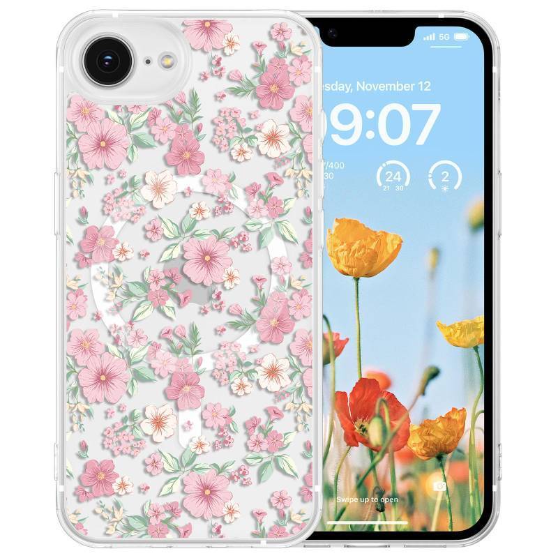 lot 5082 image: RALEAVO for iPhone 17e CaseiPhone 16e Case Compatible with MagSafe Clear Floral Pattern Design Cute for Girls Women Slim Magnetic Hard Back Shockproof Case for iPhone 16e17e,Pink Flowers - Retail $14
