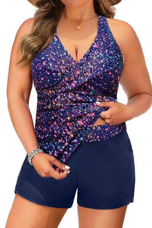 lot 5139 image: Plus Size Tankini Swimsuit for Women - Two Piece Tummy Control Bathing Suit Tankini Top with Two Pockets Shorts Starry Sky XL - Retail $42
