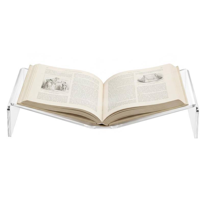 lot 5142 image: Sintuff Large Acrylic Open Book Display Stand 12.4 W X 7.87 d X 2.36 H, Open Bookstand Holder for Display and Reading Cookbooks, Art Books, Bibles, Magazines - Retail $30