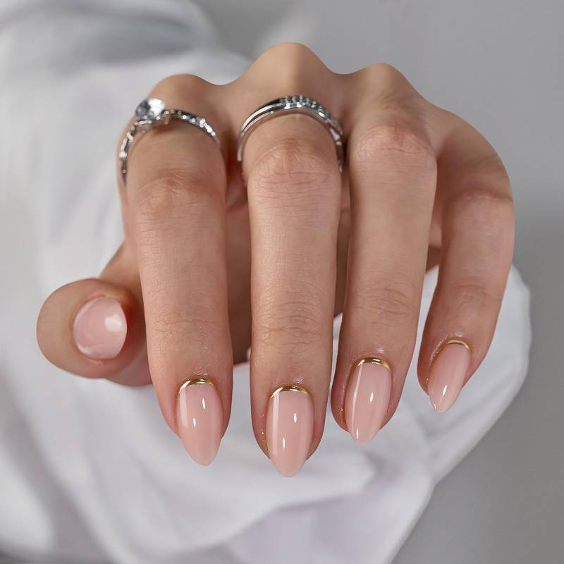 lot 5242 image: BTArtbox Press On Nails Almond - Short Gold Foil Press On Nails with Glue for Women, Semi-Transparent Soft Gel Glue On Nails in 16 Sizes - 32 Stick On Nails Kit, Gold End - Retail $15