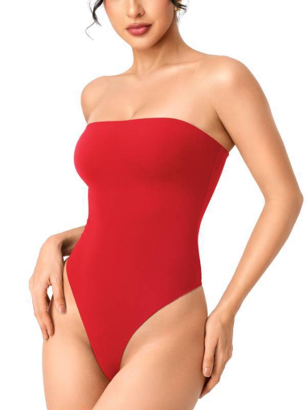 lot 5275 image: YEOREO CoreFlex Strapless Bodysuit Tube Top Off Shoulder Double Lined Thong Bodycon Slim Fit Summer Sexy Leotard Red-L - Retail $25