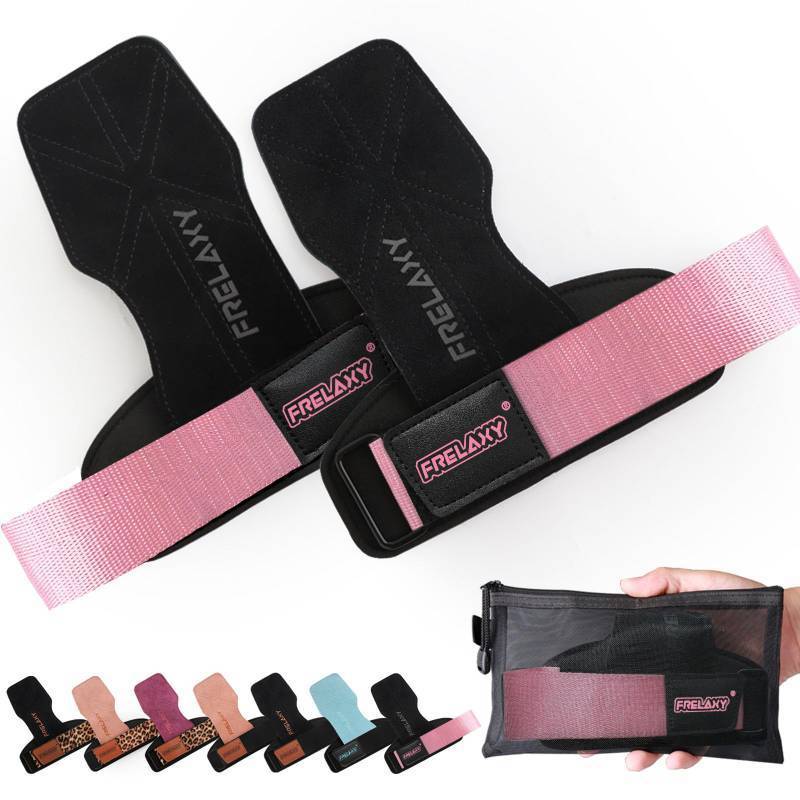 lot 5326 image: Frelaxy Lifting Wrist Straps Women and Men, Weight Lifting Grips with Cushion Wrist Loop, Double Layer Leather and Storage Pouch, Gym Workout Straps for Deadlift and Powerlifting - Retail $15
