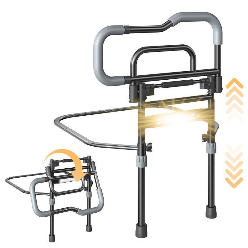 lot 5379 image: Bed Rails for Elderly Adults Safety, Foldable Bed Assist Rails for Seniors with Sensor Light &amp Storage Pocket, Adjustable Height, 180° One-Hand Folding Bed Side Rails Fit King Queen Full Twin - Retail $100