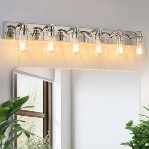 lot 5603 image: ALAISLYC 6-Light Bathroom Light Fixtures Modern Chrome Vanity Lights for Bathroom Lighting Fixtures Over Mirror with Clear Glass Shade for Cabinet Mirror Bedroom Hallway - Retail $160