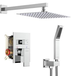 lot 5605 image: SR SUN RISE Polished Chrome Square Rainfall Shower Head and Handle Set, Wall Mounted Shower Fixtures, Metal Shower Faucet Trim Repair Kits (With Shower Valve) - Retail $170