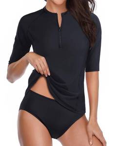 lot 5607 image: Daci Women Pure Black 2 Piece Rash Guard Short Sleeve Bathing Suit with Bottom Built in Bra Swimsuit UPF 50 L - Retail $35