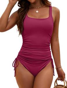 lot 5608 image: BMJL Womens Two Piece Tankini Ribbed Tummy Control Swimsuits Ruched Full Coverage Bathing Suits Swim Suit 2025(L,Wine Red) - Retail $25
