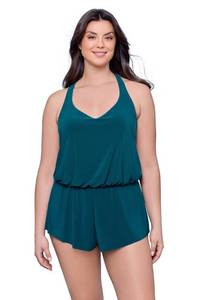 lot 5616 image: Aqua Green Womens V-Neck Full Coverage Racerback Swim Romper with Pockets, Lagoon, Large - Retail $44
