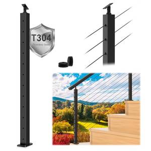 lot 5617 image: Zylorix 42 Cable Railing Post T304 Stainless Steel Angled Drilled Post, 41x2x2 Surface Mount Adjustable Top Black Cable Railing System Kit for 28-38° Stair Step Decks Porchs with Wire Grommets - Retail $68