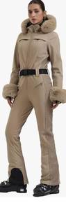 lot 5671 image: GSOU SNOW Womens Ski Suit One Piece Slim Jumpsuit With a Removable Faux Fur Collar Snow Jacket Winter Skiing Sports Waterproof Khaki small - Retail $300