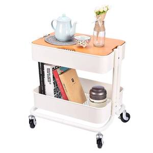 lot 5674 image: Melody House 2-Tier Metal Utility Rolling Cart Storage Side End Table with Cover Board for Office Home Kitchen Organization, Cream White - Retail $49